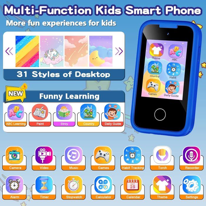 Téléphone Enfant écran Tactile 2.8 Pouces Téléphone Enfant 2,8 Pouces Tactile – Double Caméra, Jeux, Lecteur Musique, Livre Audio, étui Silicone – Cadeau 3-12 Ans