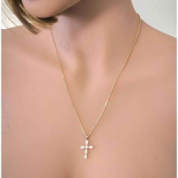Collier Croix Catholique Plaqué Or Jaune Avec Zircon - 45 Cm, Bijouterie Papillon Bleu, Neuf