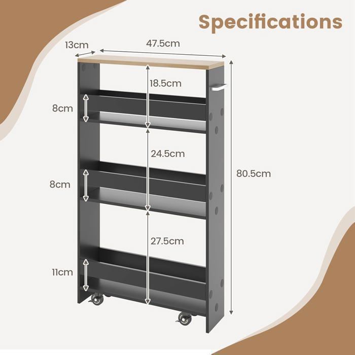 Chariot De Rangement 4 Niveaux Giantex 13cm Large - Desserte à Roulettes Cuisine & Salle De Bain Gris Naturel