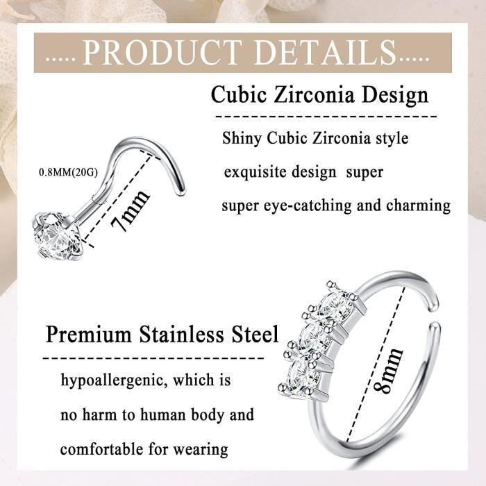 Anneaux De Nez En Titane G23 Avec Cubic Zirconia Cubique Pour