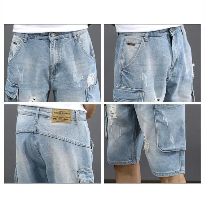 Short En Jean Homme Multi-Poches Coupe Droite - Respirant Extensible Été - M à 3XL