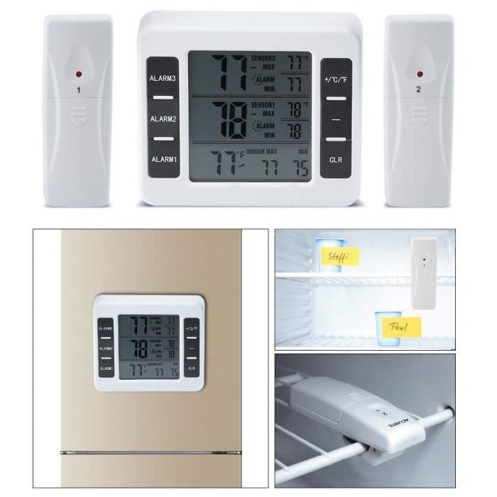 ORIA Thermomètre pour réfrigérateur numérique, thermomètre  intérieur/extérieur du congélateur avec 2 capteurs sans fil et alarme  audio, thermomètres
