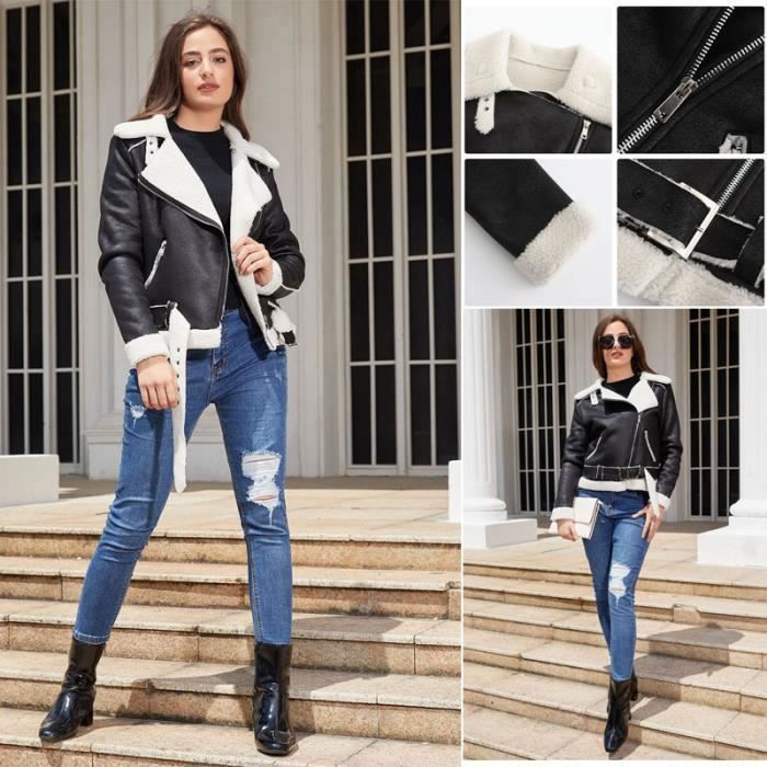 Blouson Femme FONDUPIN Imitation Cuir Doublure Polaire Fermeture eclair et Ceinture Noir
