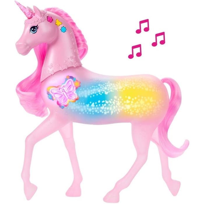 Barbie Licorne lumineuse scintillante avec 20 combinaisons interactives d' effets de lumière, de sons et de musique, appuyez sur les boutons pour jouer et caresser la tête, JCP78