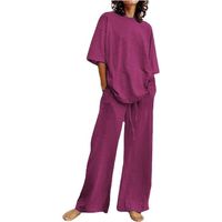 2023 Ensemble Femme 2 Pièces Coton et Lin Ete Pas Cher Chic Taille T-Shirt Top + Pantalon Large Costume 2 Pièces Sport--violet
