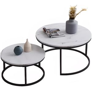 TABLE BASSE Table basse gigogne ronde moderne - Cadre en métal, panneau à motif marbré - 80 x 45 cm + 60 x 33 cm - Noir