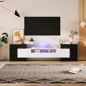 MEUBLE TV Meuble TV - 200x38x48cm LED brillant blanc et noir - finition verre - 4 portes de rangement 2 tiroirs 3 compartiments - noir