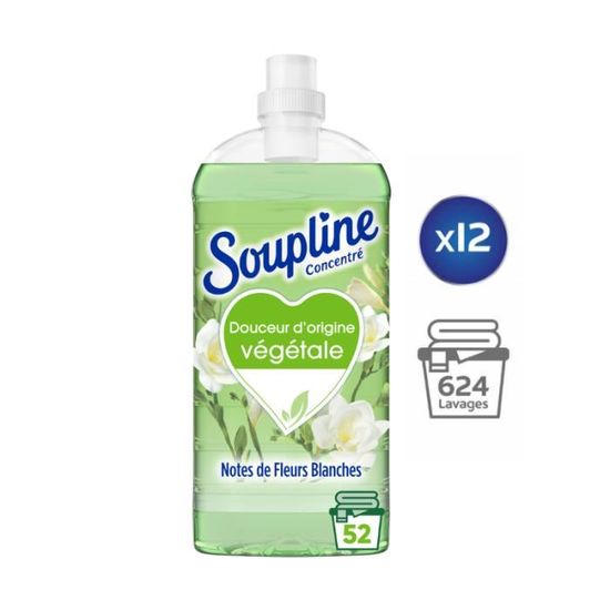 Adoucissant Soupline Pack de 12 - Adoucissant concentré Douceur végétale  Notes de Fleurs blanches 52 lavages - 1,3L.
