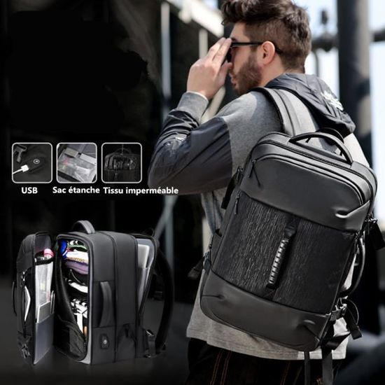 Sac à Dos De Voyage Cabine Extensible 40L-55L - Compatible TSA - Compartiment Ordinateur 17,3" - Imperméable - Pour Week-end Et Affaires