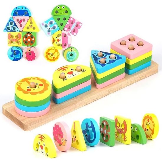 Jeu Empilage Montessori TNOMSNO – 24 Blocs Bois 6 Formes Et Couleurs Pastel – Jouet Sensoriel Tri Et Reconnaissance Dès 12 Mois