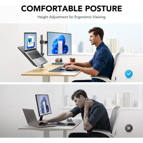 Support Double Bras écran PC Et Portable – Réglable Pour écrans 17-35″ Et Portables Jusqu’à 18″, Charge 9kg
