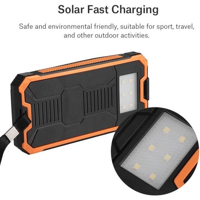 Batterie Externe 20000mAh Dual USB, Chargeur Rapide Solaire Portable - Orange
