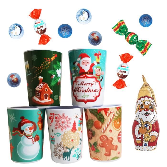 Lot de 5 verres mélaminés garnis de 15 chocolats de NOEL et KINDER Schokobons- IDEE CADEAU NOEL