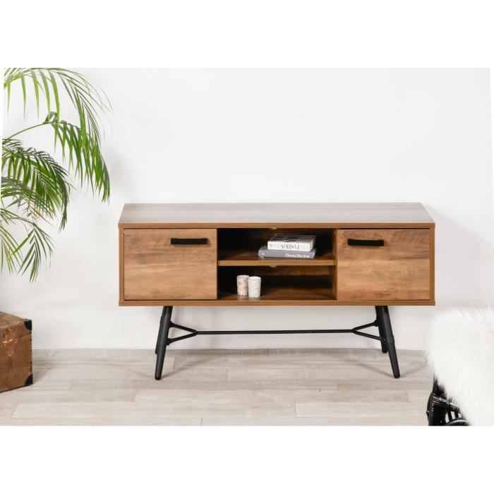 MEUBLE TV BOIS FONCE AVEC PIED EN METAL NOIR 120X39,5X55CM - HAMILTON