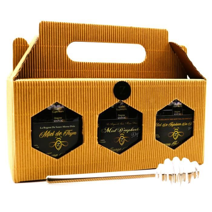 COFRETTE CADEAUX 3 x MIELS DU MAROC 3 X 300G, DE LA QUALITÉ LA PLUS FINE -DES MIEL PRESTIGIEUX AVEC DES VERTUS IMMENSES - Cuillères