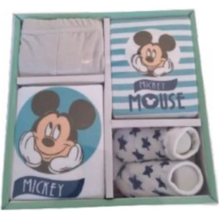 Coffret Cadeau Bébé Disney Garcon Mickey Bleu et Blanc 4 pièces de la naissance à 6 mois