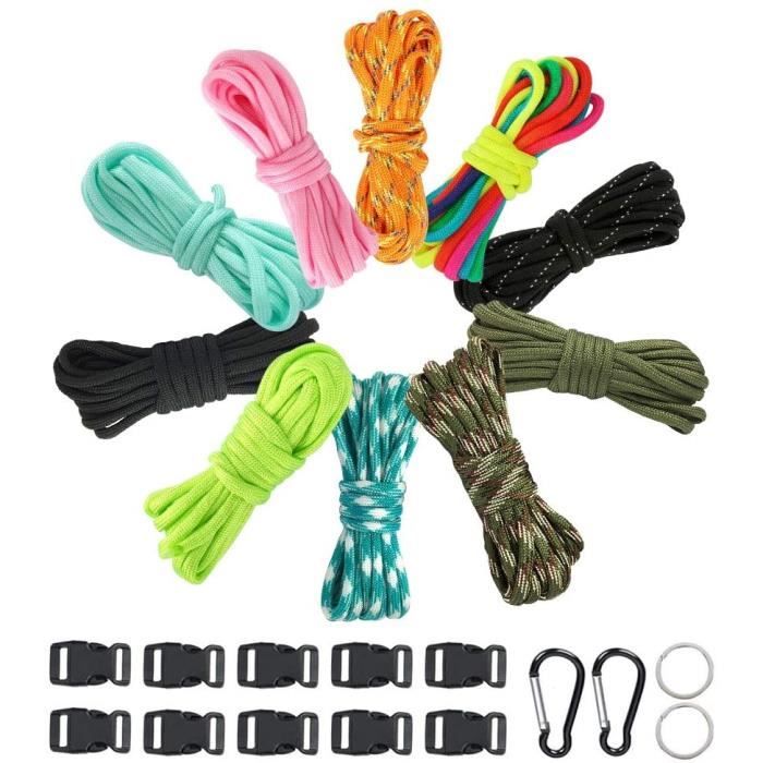 Lot de 10 Bracelets Paracord Kit - 10 Cordes Paracord + 10 Boucles Paracord + 2 Petits Mousquetons + 2 Porte-Clés Paracord