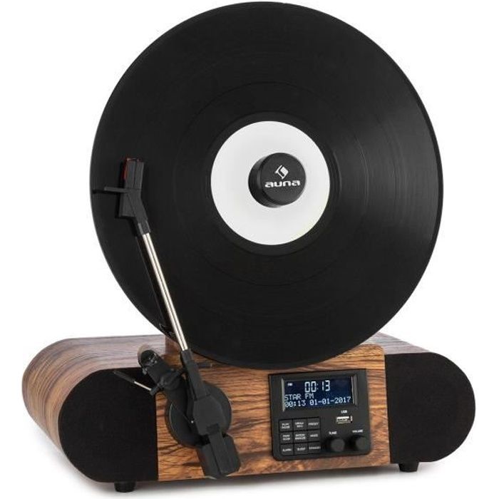 auna Verticalo SE Platine vinyle design rétro avec tuner DAB , SB & Bluetooth - 3 vitesses de lecture - Bois marron
