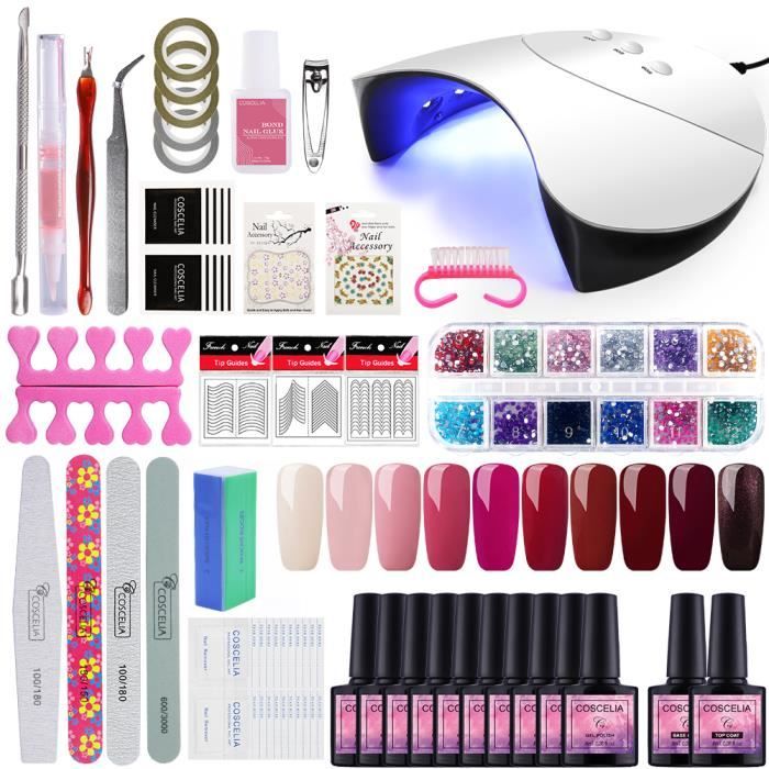 Kit 10pc Vernis Semi Permanent 36W LED/UV Lampe Gel à Ongle Top Base Coat Stickers Décorations Ongle Kit Complet Manucure