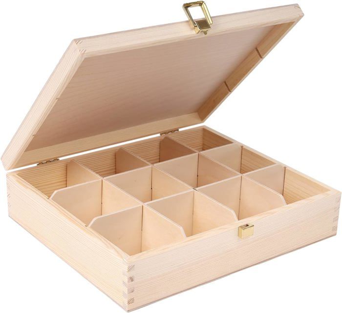 Creative Deco Boite a The en Bois Non Peint - Boite de Rangement des Sachets - 29x25x7,5cm - 12 Compartiments