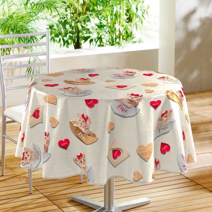 Nappe ronde toile cirée 160 cm Kitty naturel PVC Beige
