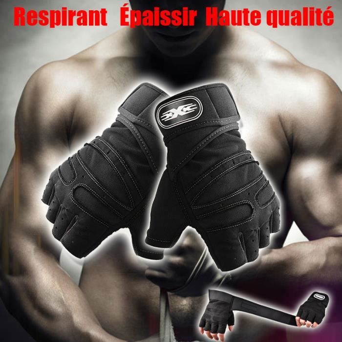 Gants de Musculation Poignet Gymnastique Workout Fitness Entrainement Powerlifter Perméable à l'air Halterophilie-ligne noire