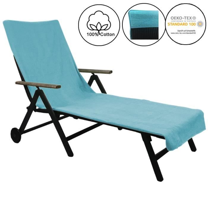 Serviette de plage pour chaise longue de jardin 75 x 200 cm - Housse de bain de soleil antidérapante 100% coton - TURQUOISE