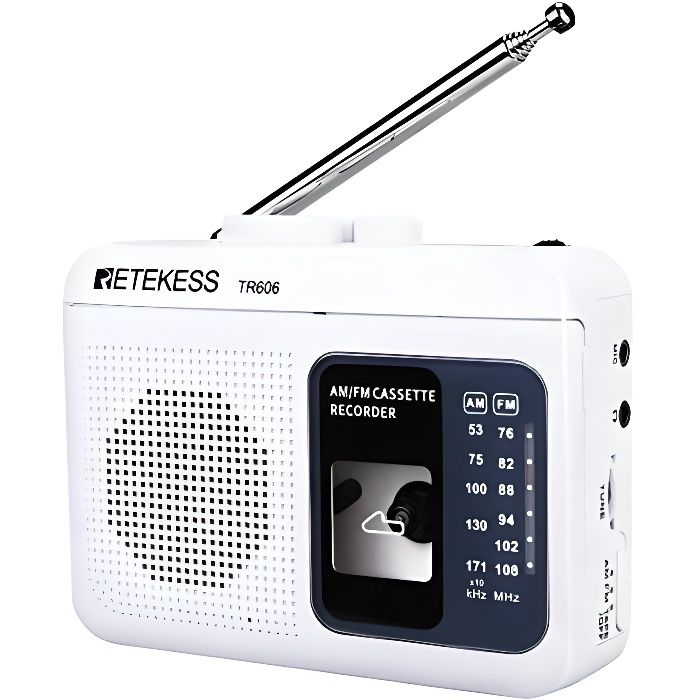 Retekess TR606 Radio Portable rechargeable Radio Cassette USB AM-FM Antenne pivotante Prise casque 3,5 mm Piles AA (Blanche)