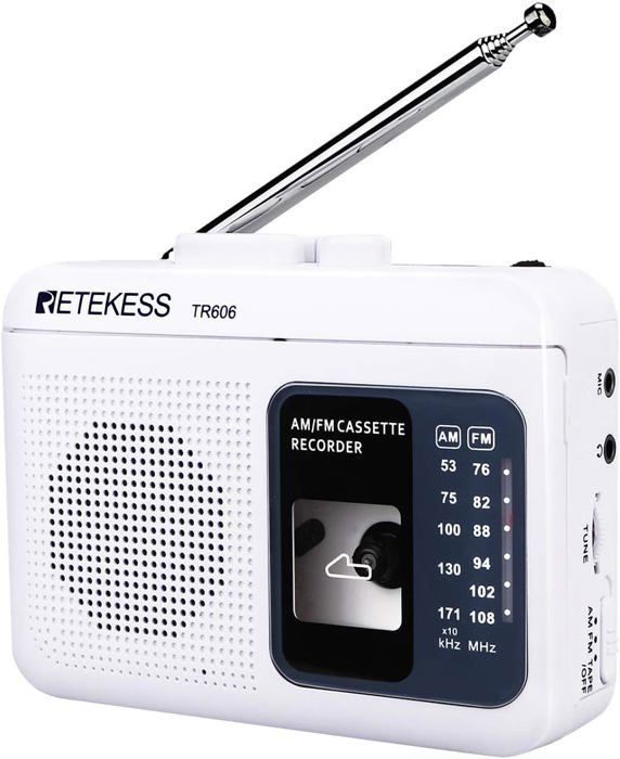 Retekess TR606 Radio Portable rechargeable Radio Cassette USB AM-FM Antenne pivotante Prise casque 3,5 mm Piles AA (Blanche)