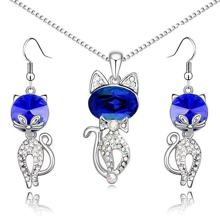 Parure Bijoux Chat Cristal Swarovski Elements Bleu Nuit Plaqué Or Blanc 750