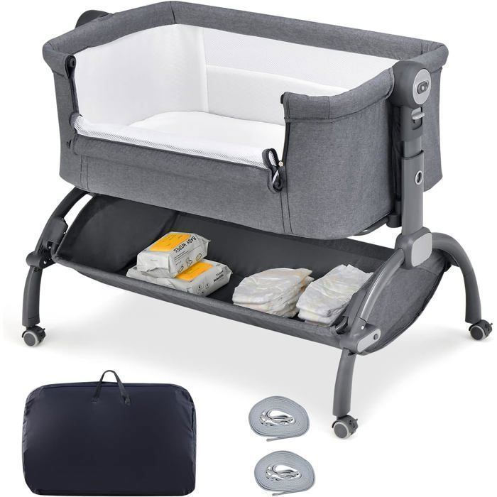GOPLUS Lit Cododo Berceau Bébé 0-6 Mois Charge 9 kg-Portable avec Matelas Moustiquaire Roues Panier-Sac de Transport Gris