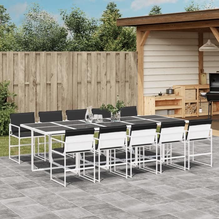 vidaXL Ensemble à manger de jardin avec coussins 11pcs blanc textilène ensemble à manger dextérieur meuble à manger de 3295106