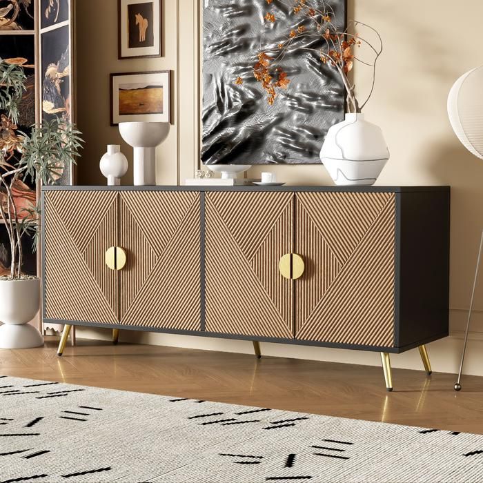 Buffet quatre portes avec poignées en or brossé et pieds brillants 160 cm Sideboard - SWEIKO - Noir+Marron Buffet quatre portes avec poignées en or brossé et pieds brillants 160 cm Sideboard - SWEIKO - Noir+Marron