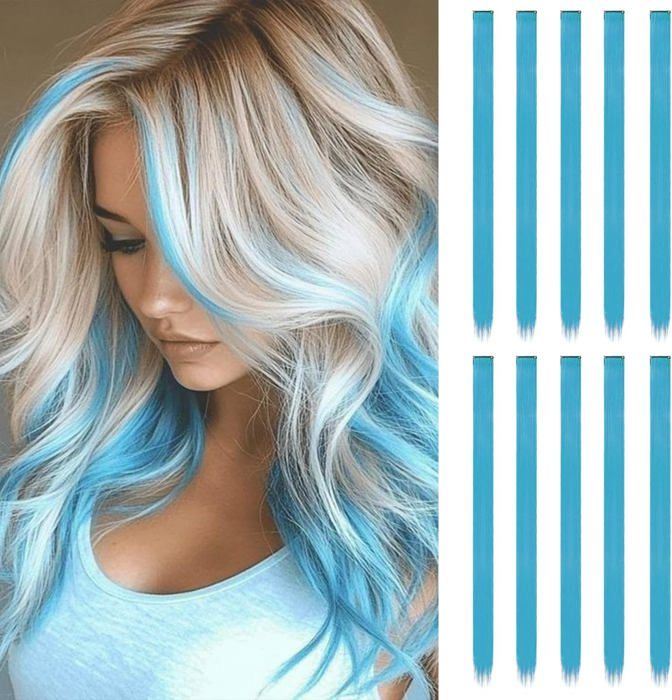 10 Pcs Clip In Hair Extension 22 In Hair Extensions Extensions de Cheveux Humains Extensions de Cheveux Longs Raides (Bleu lac)