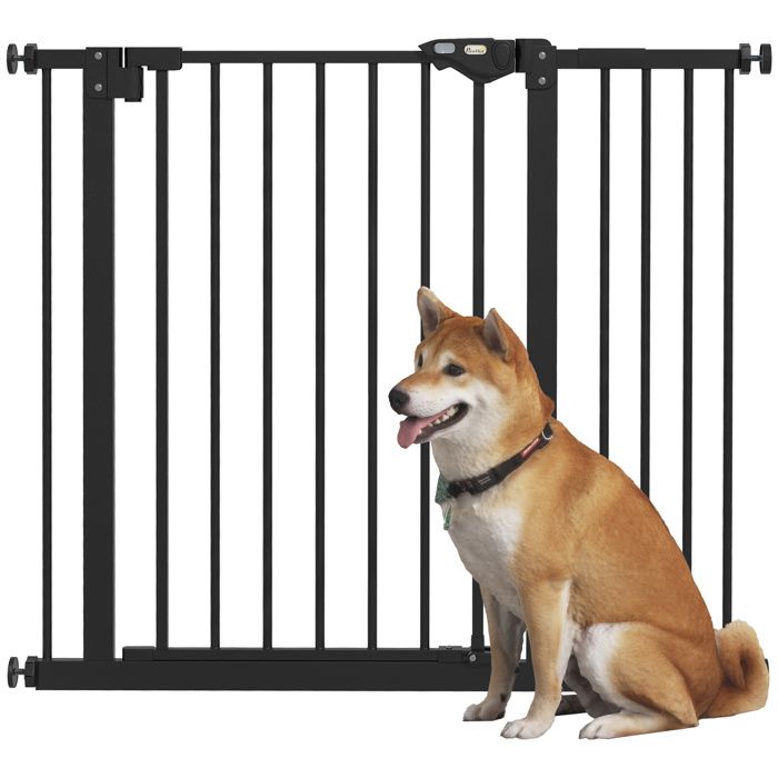 Barrière de sécurité animaux - PawHut - avec 1 extension - porte fermeture automatique - système de double verrouillage - noir