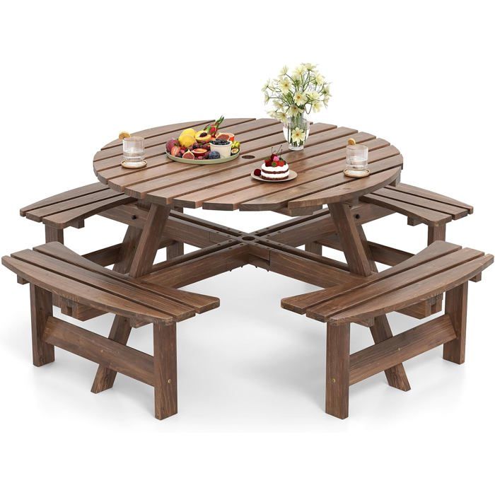 COSTWAY Table Jardin Ronde 90 Cm Aluminium - Trou Parasol 5 Cm, Pieds Réglables, Structure Robuste, Idéale Patio Terrasse Piscine, Noir