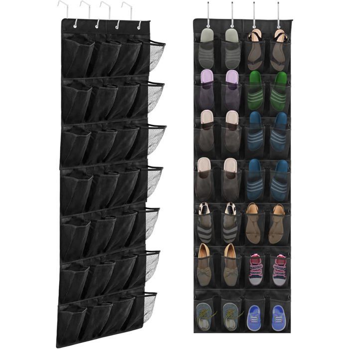 Rangement à chaussures à suspendre au-dessus de la porte avec 28 grandes poches en filet et 4 crochets métalliques (noir)