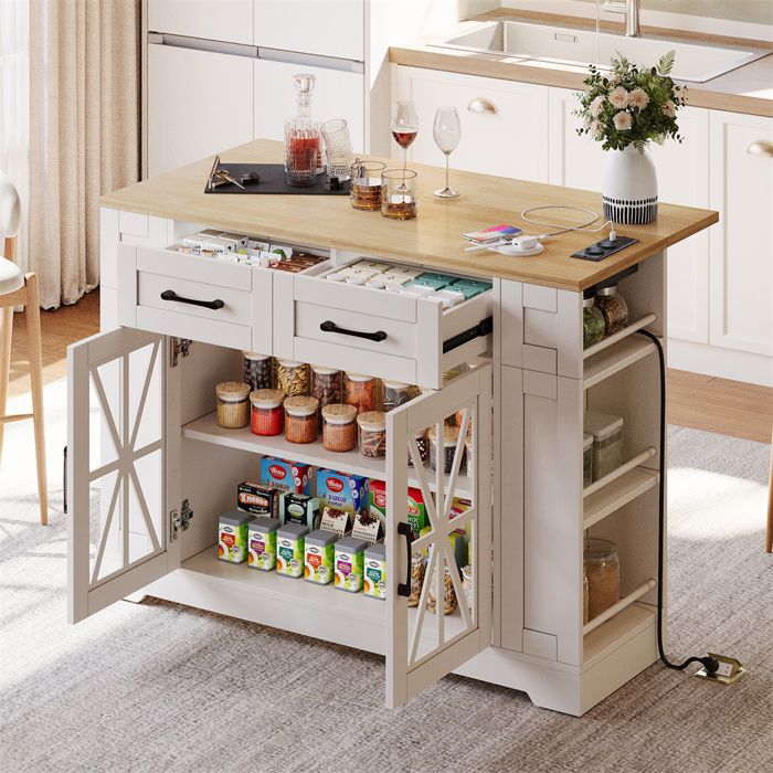 Desserte à Roulettes avec Ports USB Ilot Central Cuisine avec Rangement et Plan de Travail PliablePortes VerreBlanc120×65×92cm