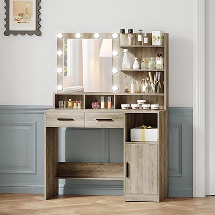 Coiffeuse avec Miroir et 10 Lumières LED RéglablesTable de Maquillage avec 2 Tiroir1 Armoire3 Étagères et 4 Compartiments Greige