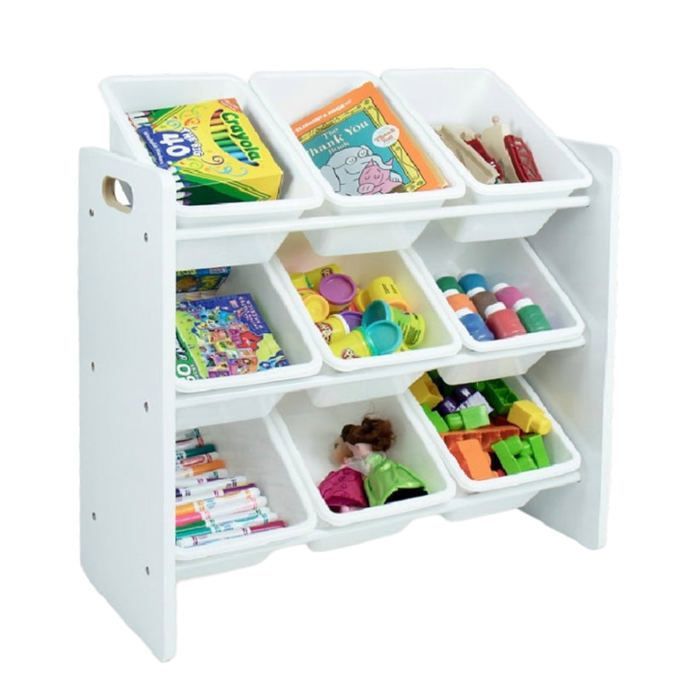 Étagère de Rangement Enfant avec 9 Bacs Amovibles – Organiseur Jouets et Livres en Bois Blanc – Meuble de Chambre