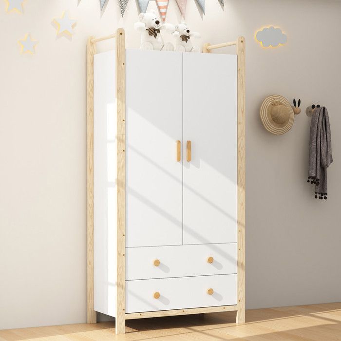 Armoire à vêtements - 2 portes - Tringle intégrée - 2 tiroirs - Blanc et pin - 90×45×180 cm