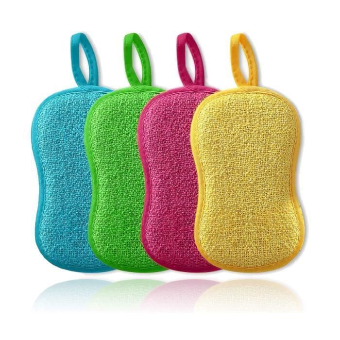 4 PCS Eponge Reutilisable Lavable Eponge Vaisselle Microfibre Double Casseroles et Poêles Produits Maison(multicolore Label