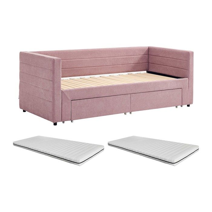 Lit gigogne 2 x 80 x 200 cm - Avec sommier peigne et tiroirs - Tissu texturé - Rose + Matelas - CAMITY Lit gigogne 2 x 80 x 200 cm - Avec sommier peigne et tiroirs - Tissu texturé - Rose + Matelas - CAMITY