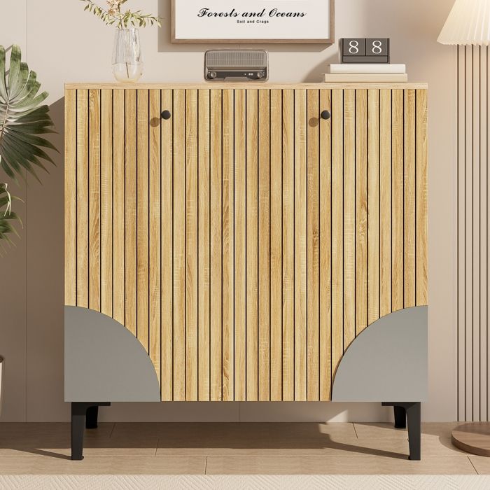 Meuble Chaussure Moderne Aspect Bois avec 3 Portes Espace de Rangement et étagère Armoire de Couloir avec Cadre Noir 90x32x94cm