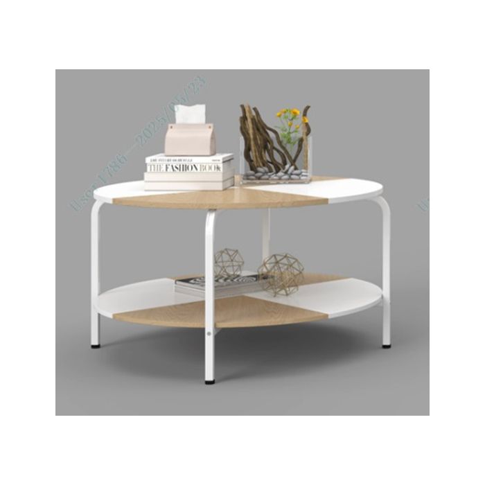 Table Basse en Bois à 2 Niveaux COSTWAY Cadre en Métal 80 cm Table Basse Salon Ronde avec Étagère de Rangement Blanc et Naturel