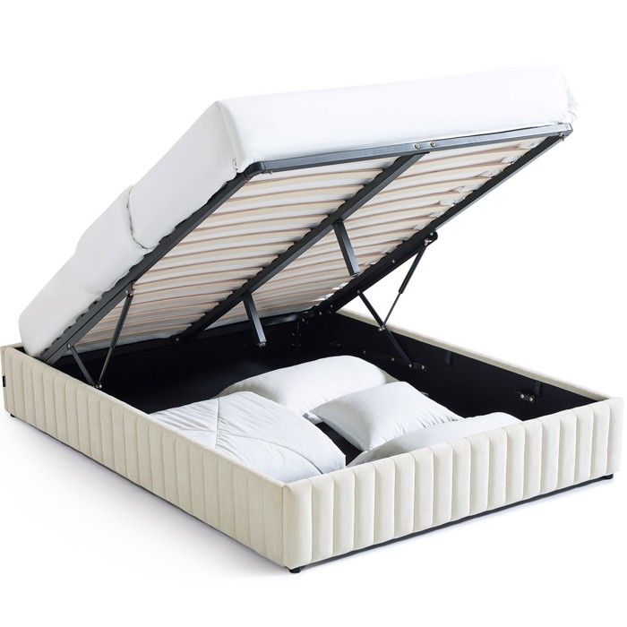 Lit coffre adulte 160x200 cm en tissu chenille beige - Balto