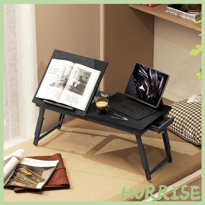 Cocosity Table De Lit Pliable Et Réglable Plateau De Lit Pour Ordinateur Portable En Bambou Plateau Inclinable 835X33X34Cm Noir