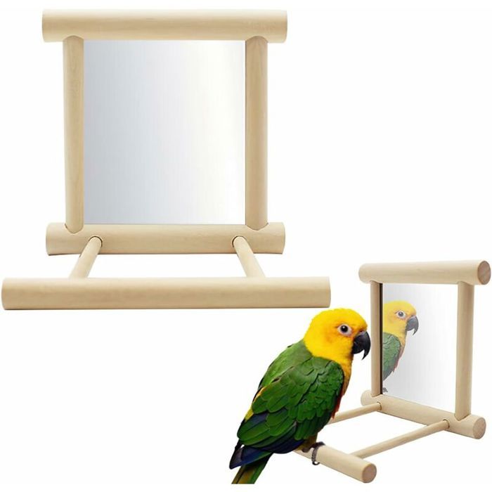 Miroir pour Oiseaux avec Perche en Bois (10x10x10 cm) Jouet Réflecteur pour Perroquets et Canaris .