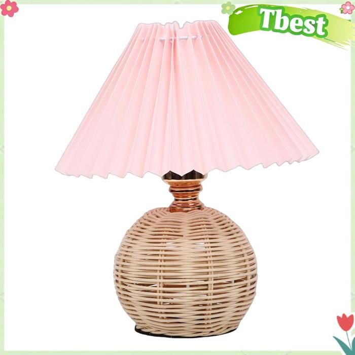 Tbest lampe de bureau plissée Lampe de Table plissée abat-jour en lin jaune doux Base en rotin lampe de chevet linge poser Rose