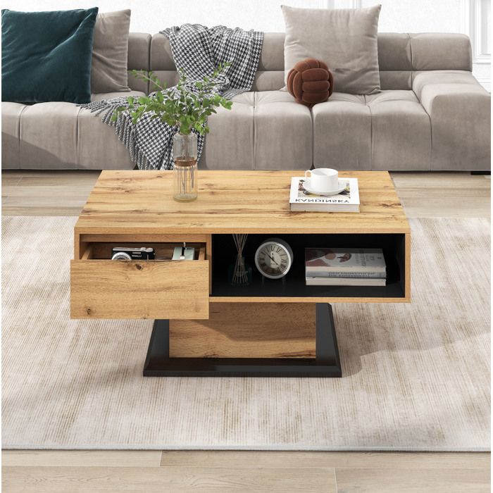Table basse rectangulaire avec 1 tiroir et niche ouverte - ELVMI - rangement double accès décor chêne anthracite 100 × 60 × 47 cm